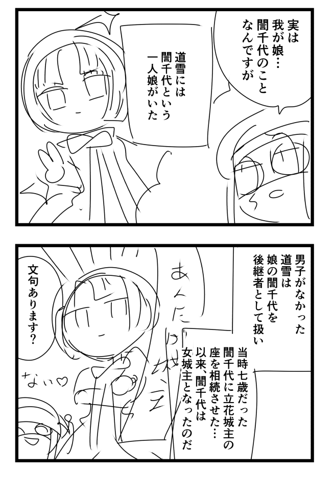 立花宗茂と誾千代の漫画を描こうとしているが本人たちが出てこずオッサンばっかり出る下書き 