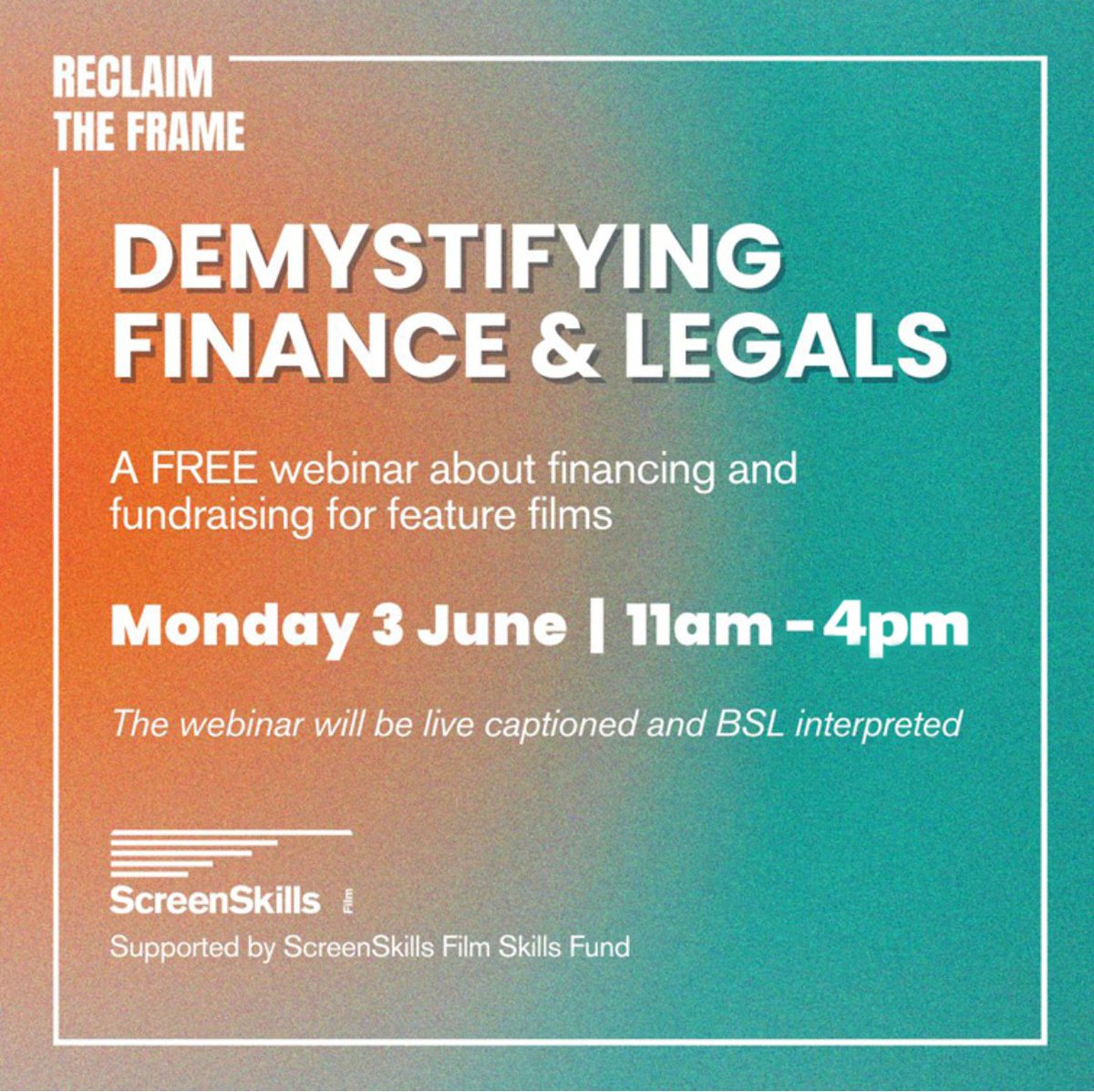 Together with @UKScreenSkills and a range of execs/speakers, we're offering two FREE online sessions: 💸Demystifying Financing ✍️Demystifying Legals Both interactive, captioned, BSL interpreted Together, let's demystify our industry 🤝 Register for free 👇 screenskills.com/bookings/demys…