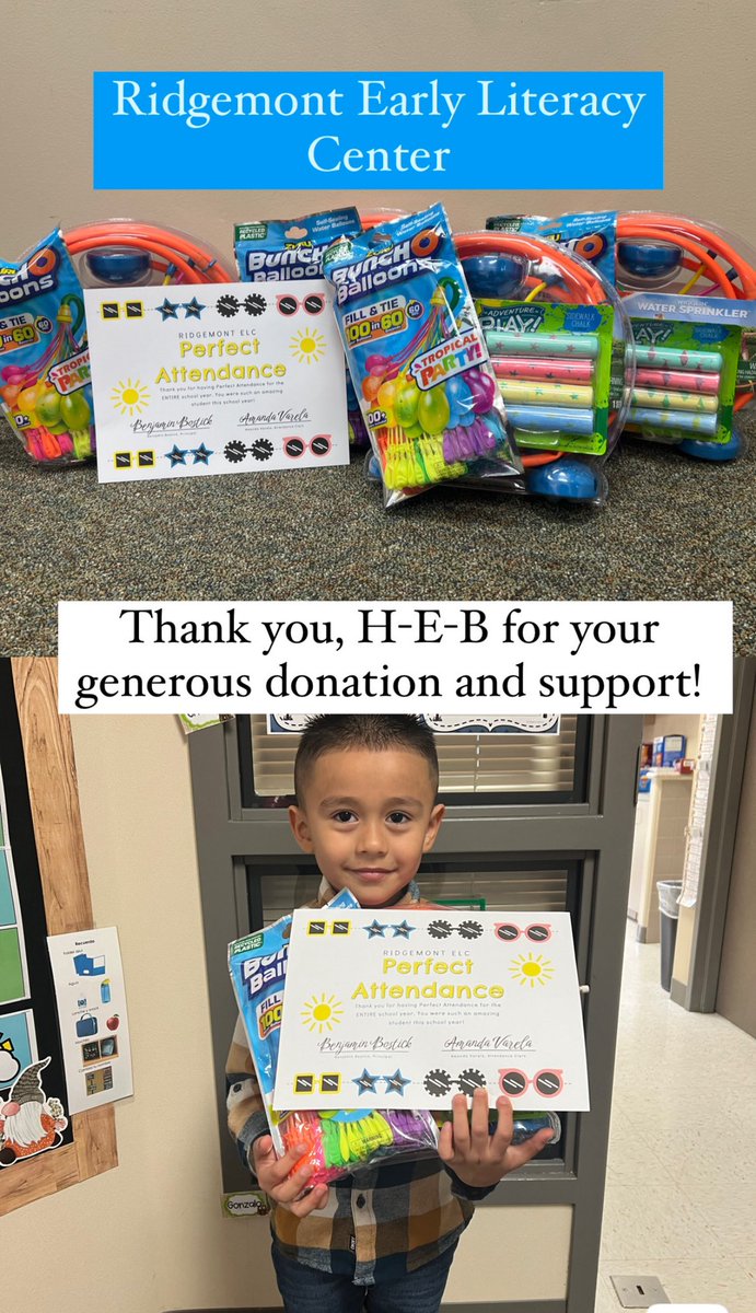 A huge shout out and thank you to H-E-B for your support and for your belief in doing good. We simply couldn’t do what we do without amazing people like you. Your donations helped Ridgemont Early Literacy Center purchase prizes for our Perfect Attendace All Year! @HEB