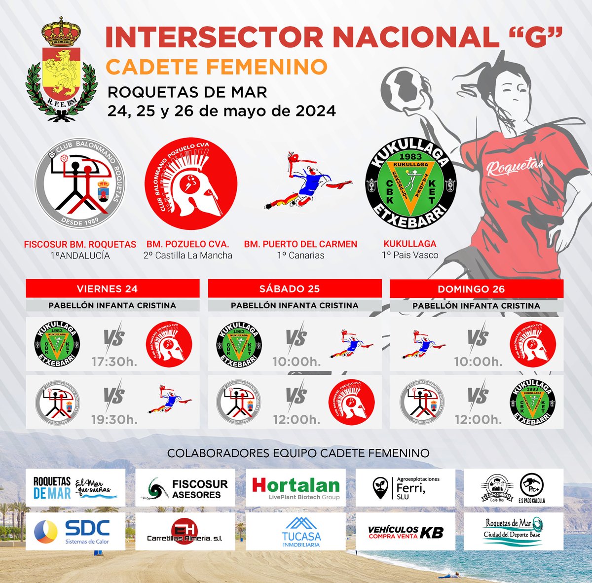 ¡Vaya fin de semana nos espera! Desde mañana @AytoRoquetas vuelve a ser el epicentro del balonmano. #Fiscosur @BM_Roquetas organiza el intersector nacional cadete fem donde las rojillas reciben al @BMPozueloCva, @cbptodelcarmen y @KukuEskubaloi por una plaza en el TOP8 nacional