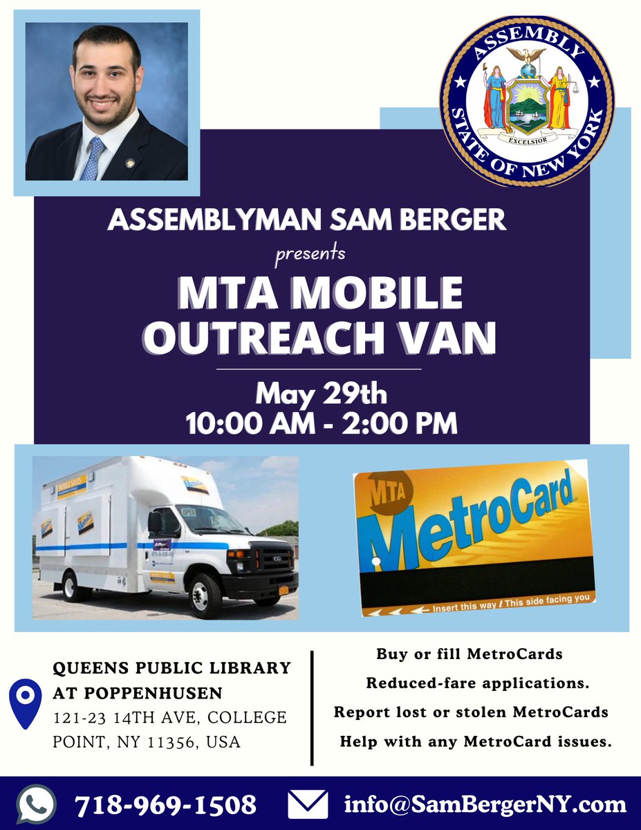 SamBergerNY's tweet photo. Wednesday: Join us outside of @QPLNYC Poppenhusen Library in College Point for MTA Reduced-Fare related MetroCard services, incl: applications, adding funds or any MetroCard related issues. We are happy to partner with the @MTA to bring these services directly to you! https://t.co/0pFpeh4Cdo