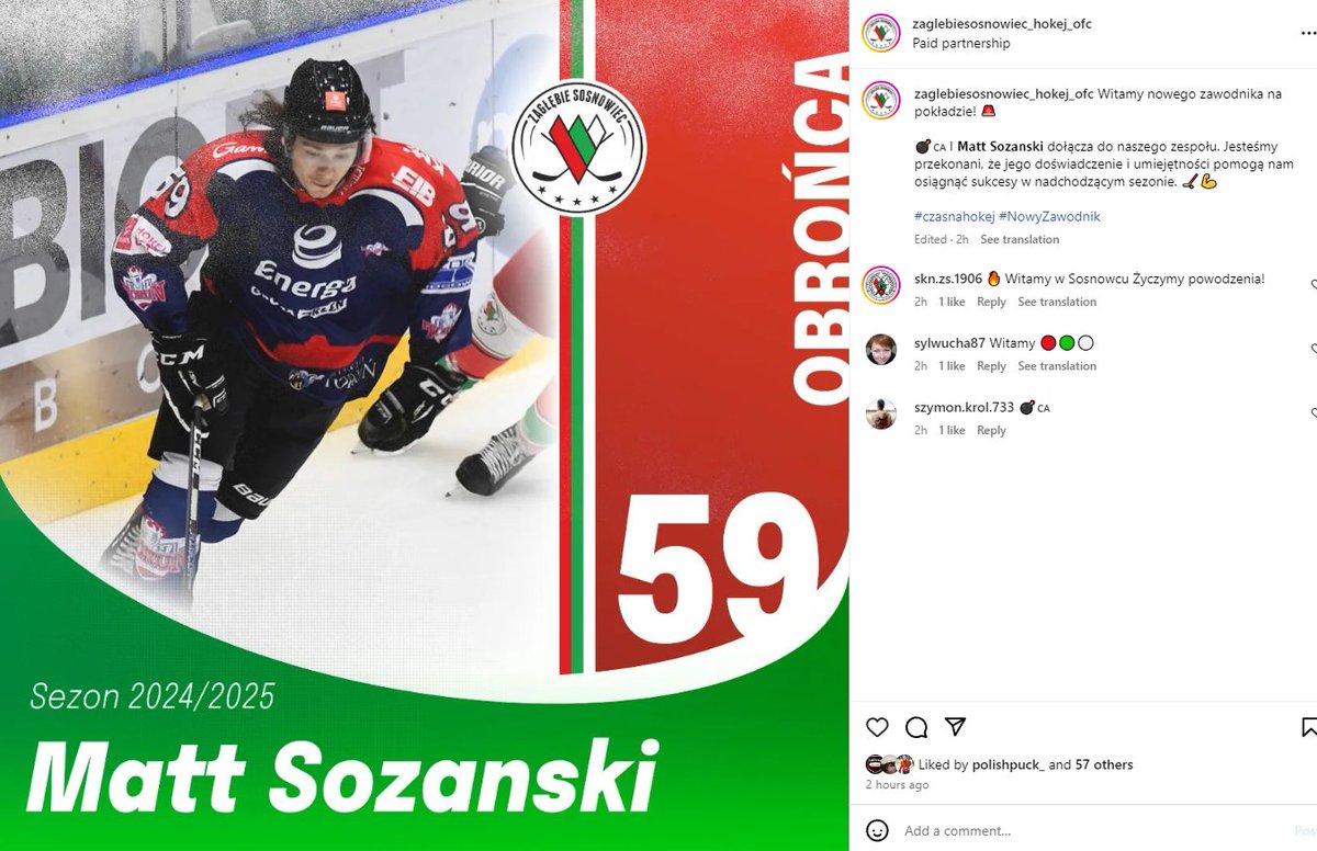 For depth purposes here is an import target. Matt Sozanski has signed for a 2nd season, switching from Torun to Sosnowiec. The Polish Canadian played in the WHL, Usports, and French 2nd League. I don't know if he is better than any current Polish defenders, but depth can't hurt.