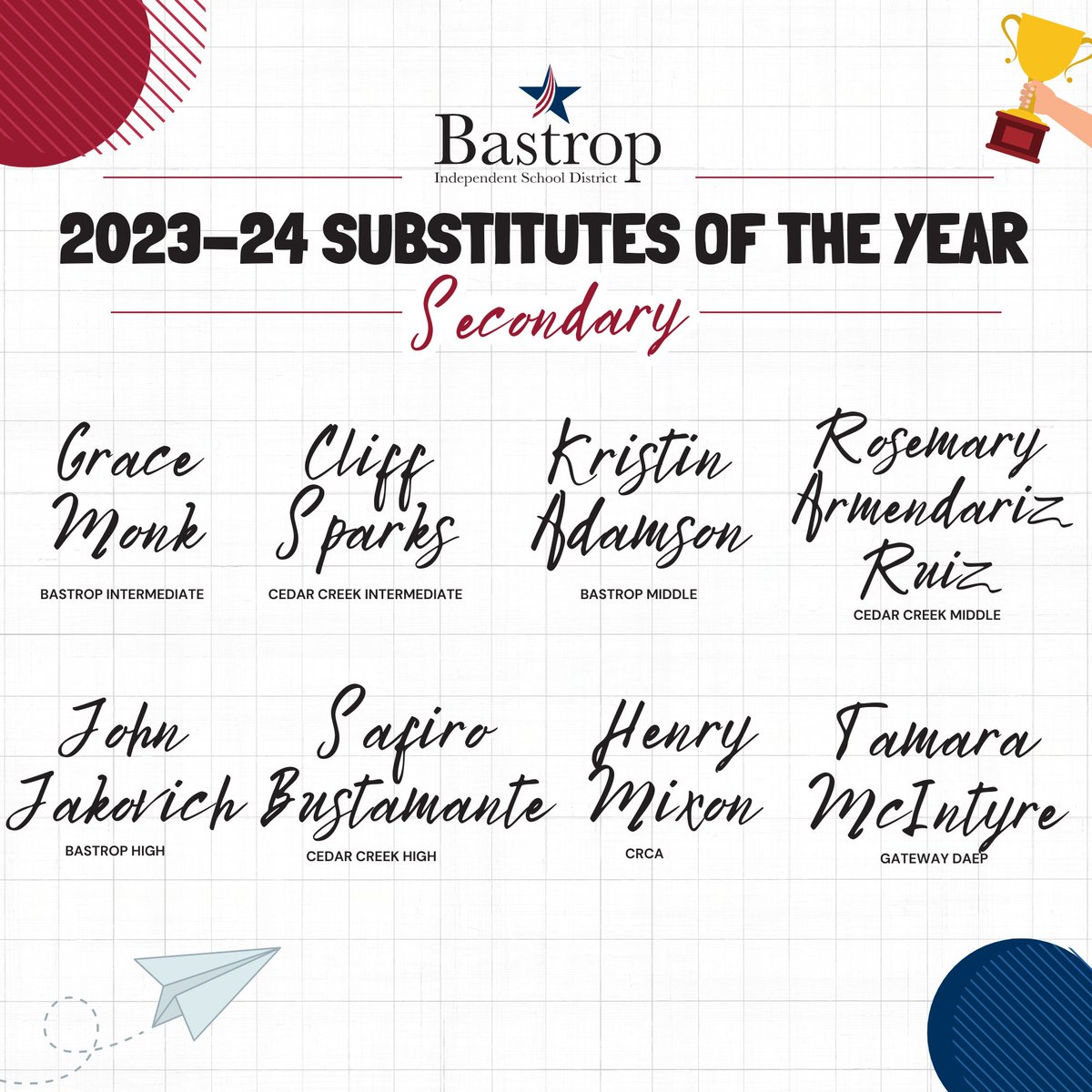 Please help us congratulate our Substitute of the Year candidates for each campus! 🌟 We are so grateful for each of these individuals' hard work and dedication. Without them, we could not run our district as efficiently as we do.