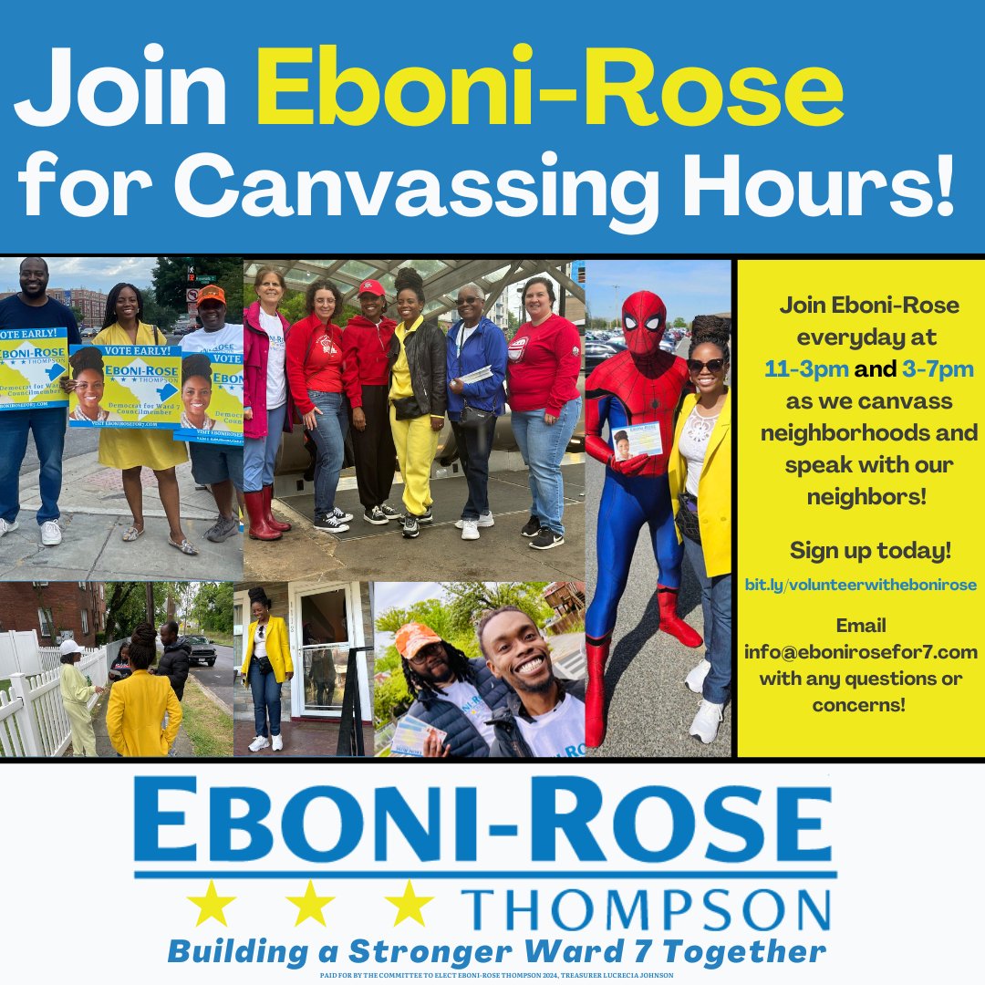 Eboni_RoseT's tweet photo. Join #TeamEboniRose for Canvassing Hours!
We're knocking on doors throughout all of #Ward7 and we need your support to reach as many of our neighbors as possible. Sign up and join us between the hours of 11am-3pm or 3-7pm ET! https://t.co/DCbZtRIisF
#DCision24 #ERT4Ward7 https://t.co/xiAFALdJj3