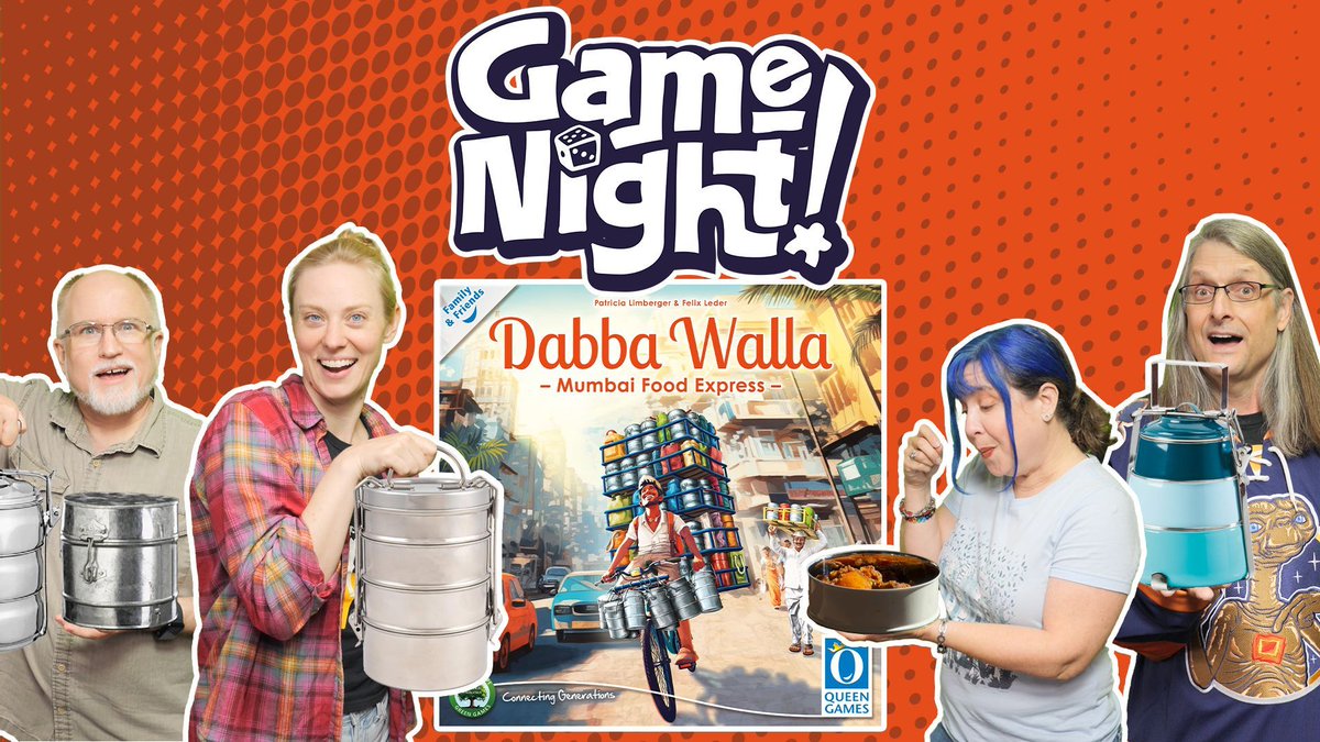 Tonight on GameNight! @Chilibean, @DeborahAnnWoll, @thebadgeguy & @heccubustwit teach & play 'Dabba Walla' designed by Patricia Limberger & Felix Leder and published by @QueengamesUS. Thanks so much to @Gamegenic_ for sponsoring this episode! —Lincoln youtube.com/watch?v=2H9KWz…