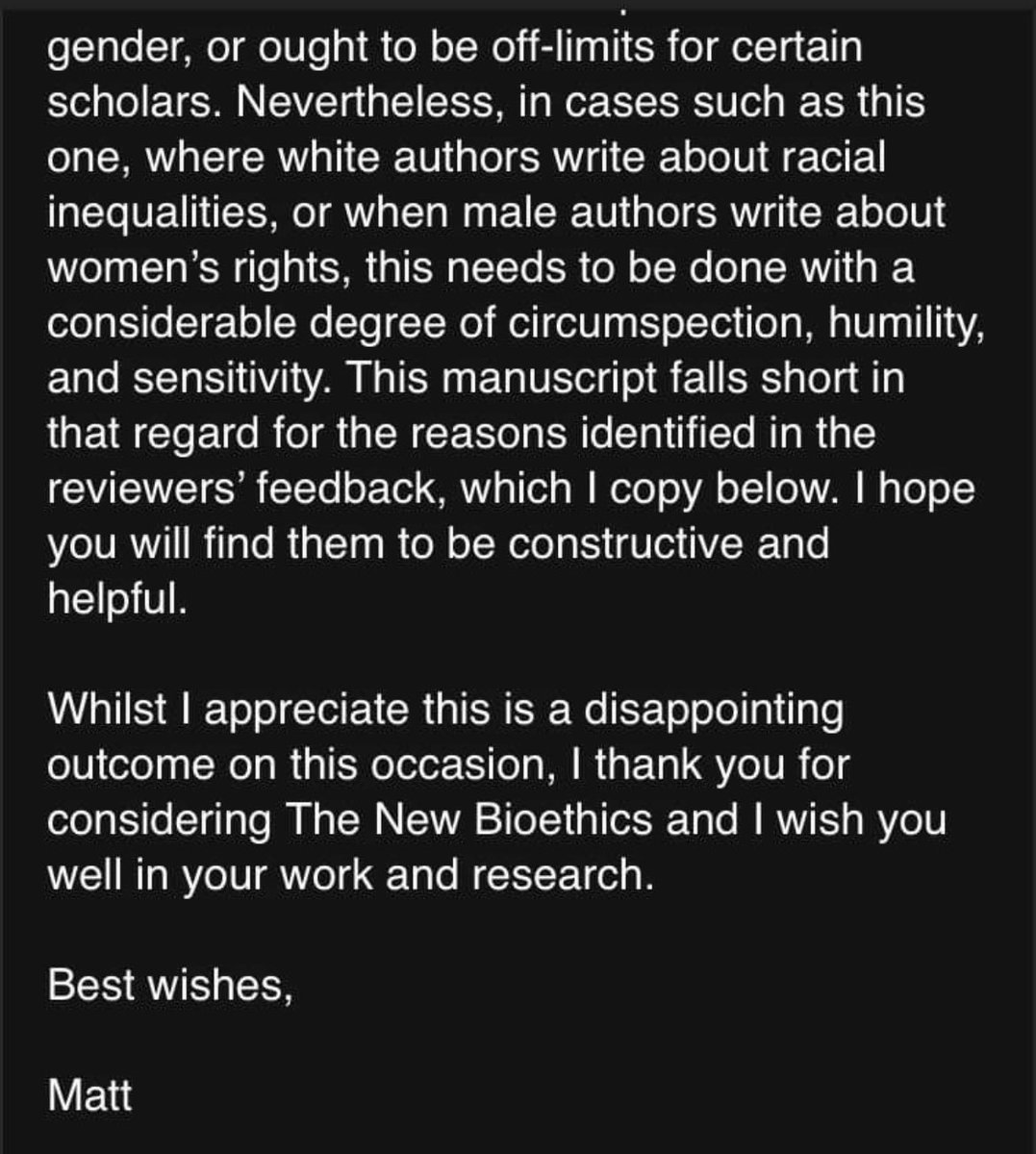 UPDATE: after the journal initially accepted Perry Hendricks’ paper on abortion, the editor of The New Bioethics, Matthew James, has decided to *rescind* the acceptance and reject the paper because people complained online. His reason? “when male authors write about women's