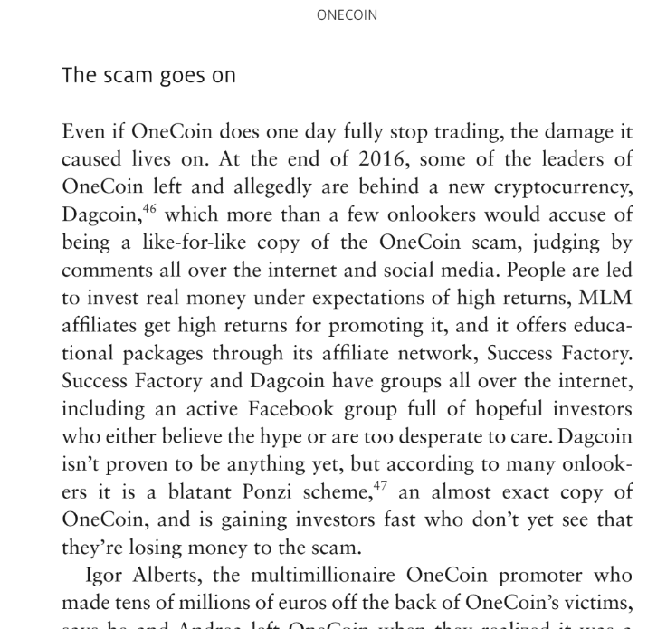 MARSAD_NASB's tweet photo. From Onecoin to Dagcoin, how Onecoin scammers founded a Onecoin copycat named #Dagcoin and was marketed via the infamous #Success_Factory MLM fraud.
Excerpts from the book "Crypto Wars": https://t.co/sJ2l4A37Tp
