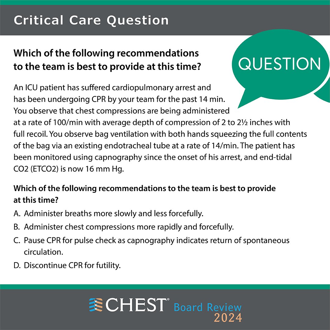 accpchest's tweet photo. Test your knowledge on critical care medicine concepts with a question based on the ABIM blueprint from CHEST SEEK™. Submit your response to reveal the answer...
https://t.co/1nchX5wLpW
#CHESTSEEK #CHESTBoardReview #CritCareMonth https://t.co/l4UIccZbKx