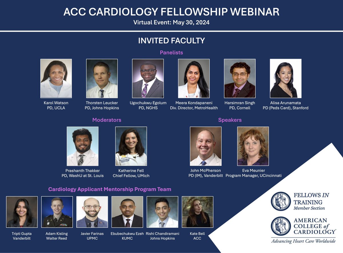 As part of the ACC FIT Council, we are delighted to invite all residents to ACC's Cardiology Applicant Mentorship Program! 🫀 PD Insights Webinar: May 30, 8-9.30 PM Register: bit.ly/3QYch8B Mock Interview Program Application Deadline: May 31 forms.gle/V9H4R6BjWrFdAy…