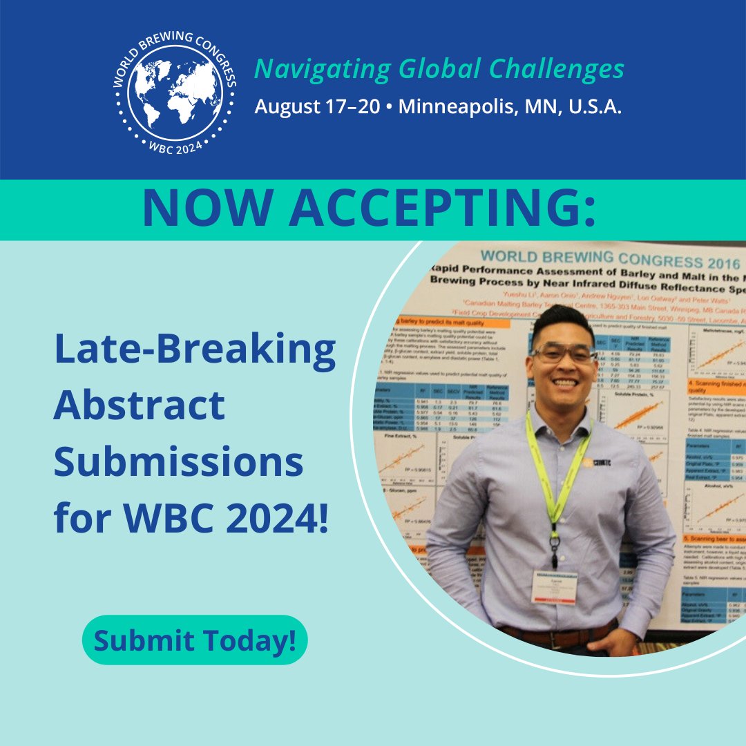 MasterBrewers's tweet image. Now accepting late-breaking abstract submissions for posters! Did you miss the original deadline? Now is your time to share your insights with the global brewing community!

Submit by June 18: bit.ly/4231Uoj

#AbstractSubmissions #WBC2024 #BrewingScience