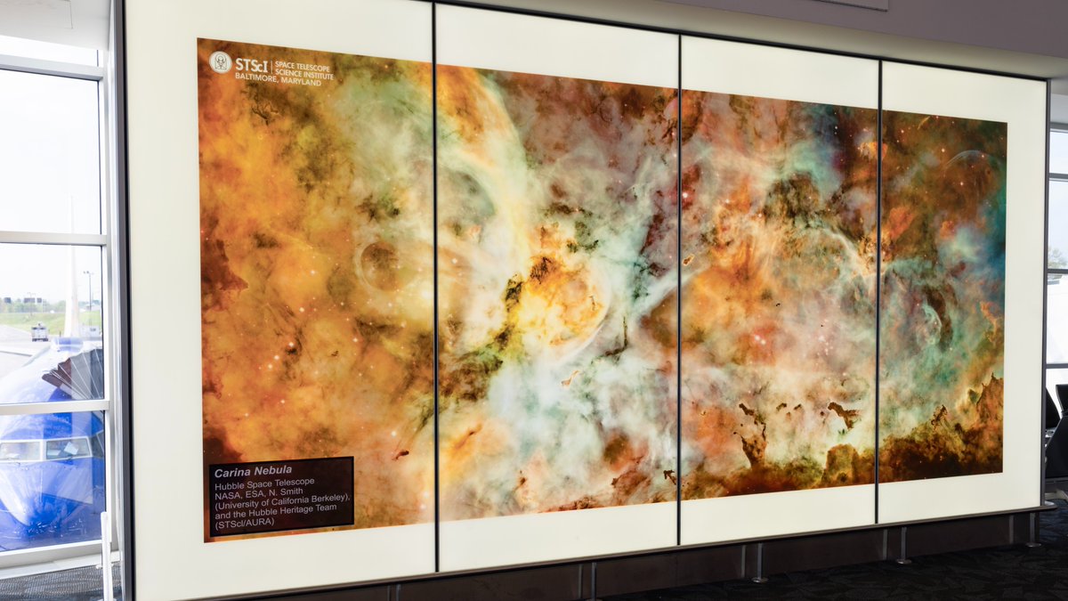 BWI_Airport's tweet image. Nope, outer space isn&apos;t on our route map.

But we do have a really cool, illuminated display of the Carina Nebula! The image was captured by @HubbleTelescope.

You can&apos;t miss it near Gate A15. #SceneAtBWI #MDOTscenes @SpaceTelescope #airports