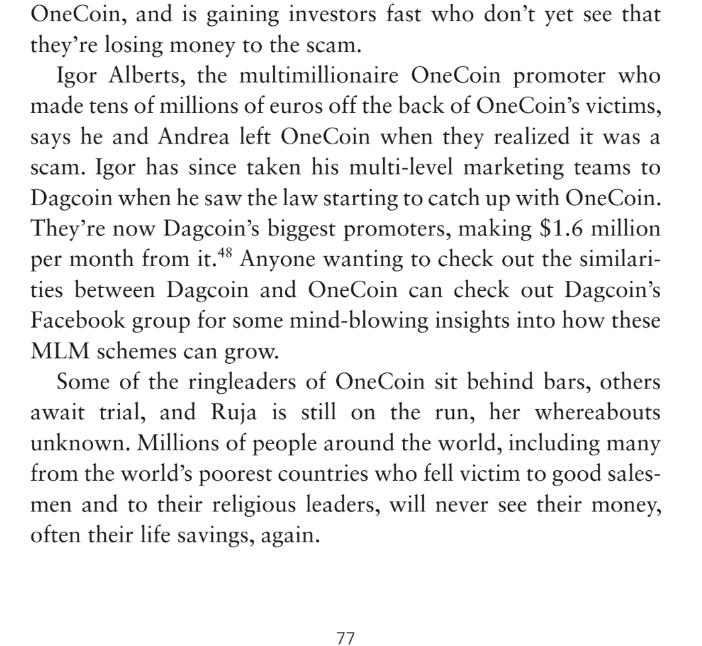 MARSAD_NASB's tweet photo. From Onecoin to Dagcoin, how Onecoin scammers founded a Onecoin copycat named #Dagcoin and was marketed via the infamous #Success_Factory MLM fraud.
Excerpts from the book "Crypto Wars": https://t.co/sJ2l4A37Tp