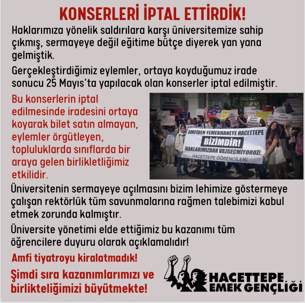 Amfi Tiyatronun sermayedarlar için rant kapısı olmasını engelledik. Şimdi sıra kazanımlarımızı ve birliğimizi büyütmekte!