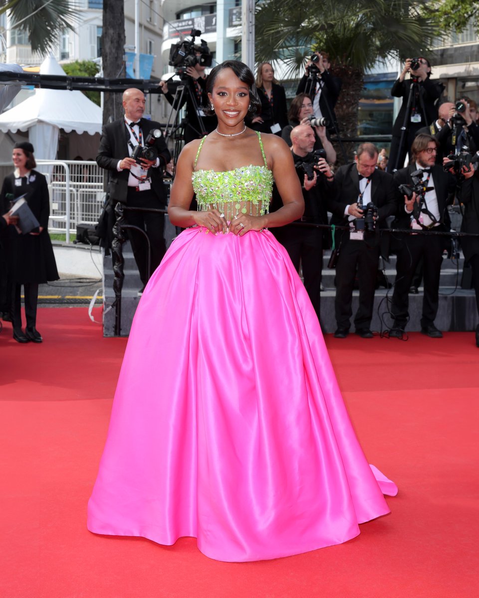 #AjaNaomiKing wore a Miu Miu ensemble made up with a wide duchesse skirt and embroidered top with crystal detail while attending “L’Amour Ouf” (Beating Hearts) Red Carpet at the 77th annual Cannes Film Festival at Palais des Festivals on May 23rd, 2024, in Cannes. #MiuMiuClub