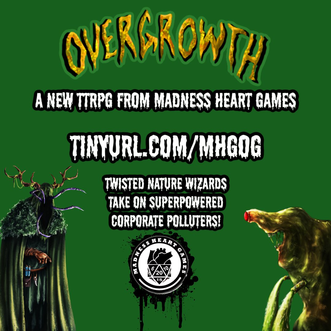 Ever wanted to summon snakes from eye sockets? Not fond of corporate disregard for the natural world? We have a game for you! OVERGROWTH (coming soon to <a href="/Kickstarter/">Kickstarter</a>) is a #TTRPG in which nature wizards take on the forces of sentient pollution! tinyurl.com/MHGOG #IndieGames