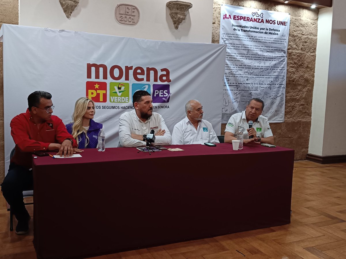 LaRealnoticia's tweet photo. ⭕ Los cinco dirigentes de los partidos Juntos haremos Historia: #Morena, #PES, #PT, #NuevaAlianza y #VerdeEcologista. Confian en la decisión que tomará hoy la 👉 sala regional de Guadalajara sobre la candidatura común. 
🚨Los #Contrarios están desesperados, la campaña de #ToñoAztiazarán va en Declive.
⭕  Nuestra candidata #MariaDoloresdelRio  será la próxima presidenta de #Hermosillo .