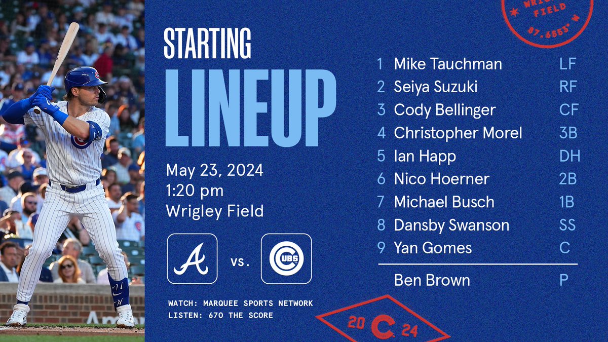 Here is today's #Cubs starting lineup at Wrigley Field. Tune in: bit.ly/WatchMarquee
