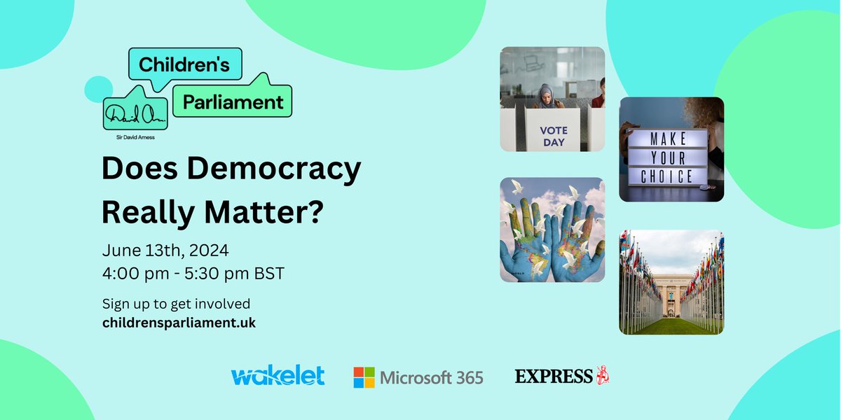 With the UK General Election on the 4th July, the Children's Parliament will be asking: 'Does Democracy Really Matter?' at 4pm, 13th June 

Register here: 
childrensparliament.uk/events/does-de…

#DemocracyMatters #Westminster #Childrensparliament