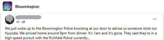 Overnight auto theft in Bloomington, posted in a community group. No specifics on location. And @BPD_MN police encrypt their comms to hide crime from the public, so there's nearly zero info available.

#BringYaAss to the state of secrecy and high crime.