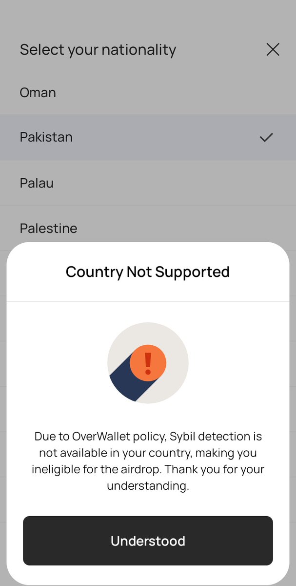 abdulhanange's tweet photo. Dear @overprotocol Team kindly include Pakistan in the kyc option, as many users from Pakistan who did used over wallet from long time (almost starting and Supporting you), not able to do kyc and also won’t get airdrop!!

Please look into it, and do add Pakistan in kyc option!! https://t.co/4KhbDipw2b