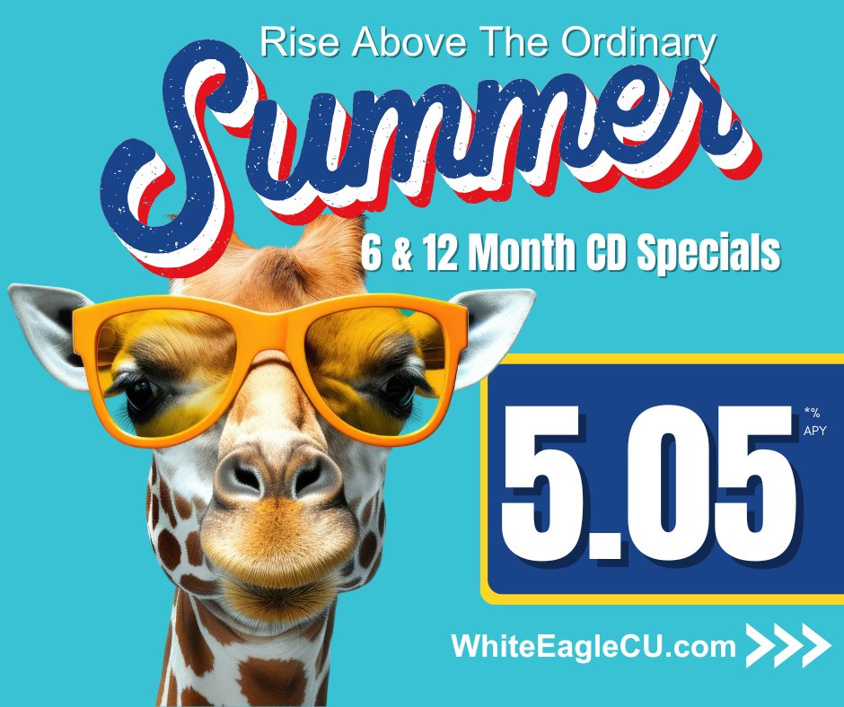 WhiteEagleCU's tweet image. Rise Above The Ordinary with our Summer CD Special!

Why You'll Love Our Summer CD:
📷 Towering interest rates that help your savings grow.
📷 Safe and secure investment with guaranteed returns.
📷 Perfect for reaching your summer financial goals.
whiteeaglecu.com/term-share-acc…