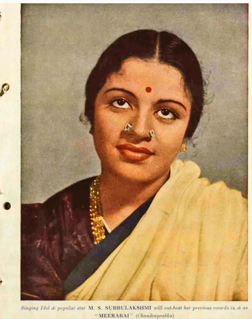 The singer & actor, M.S. Subbulakshmi, appears on a color plate in the January 1944 issue of the Chennai-based film magazine PicturPost... The photograph appeared as publicity for the film Meera (1945),in which the singer played the lead role of the Bhakti saint Meerabai..