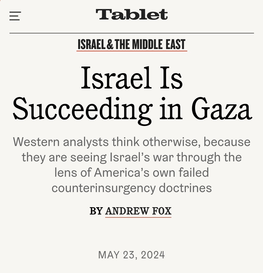 Instead of listening to activists with a TikTok degree in military strategy, read genuine experts with actual experience like <a href="/Mr_Andrew_Fox/">Andrew Fox</a> in <a href="/tabletmag/">Tablet Magazine</a>. Excerpts:

Critics are looking at IDF tactics through the lens of Western counterinsurgency (COIN), the doctrine that U.S.