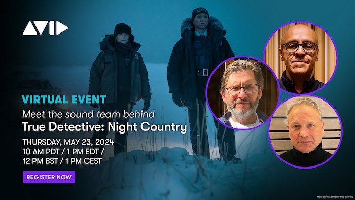 Don't forget to join Martín Hernández, Stephen Griffiths, and Howard Bargroff, as they explore their creative sound process for Season 4 of True Detective: Night Country. 5/23 at 10am PDT ▶️ bit.ly/3WBbfTo #sounddesign #webinar #truedetective #audiopost #protools #avid