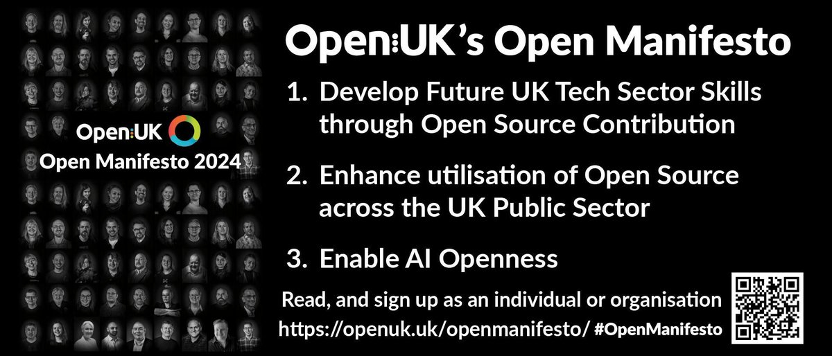 The Open Manifesto 2024 is our asks of the next government. Supported by signing up as an individual or organisation and show your commitment to UK open source. Read, sign, and share The Open Manifesto. openuk.uk/openmanifesto/ #openuk #opensource #OpenManifesto #ukeleciton