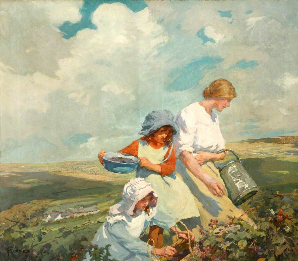 Today's theme on the #OnlineArtExchange is Cornwall and Cornish art for @PenleeHouse’s The Exceptional Harold Harvey exhibition. We share 'Blackberry Gathering' by Elizabeth Adela Forbes (1859–1912) from @walkergallery. Quintessentially Newlyn School.