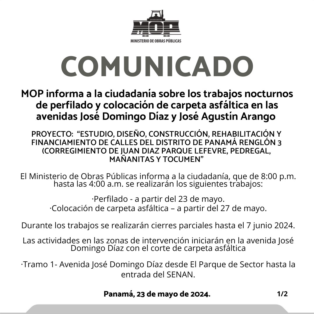 MOPPma's tweet photo. Le informamos a la ciudadanía sobre los trabaios nocturnos de perfilado y colocación de carpeta asfáltica en las avenidas José Domingo Díaz y José Agustín Arango. https://t.co/xpB1ruqNq1