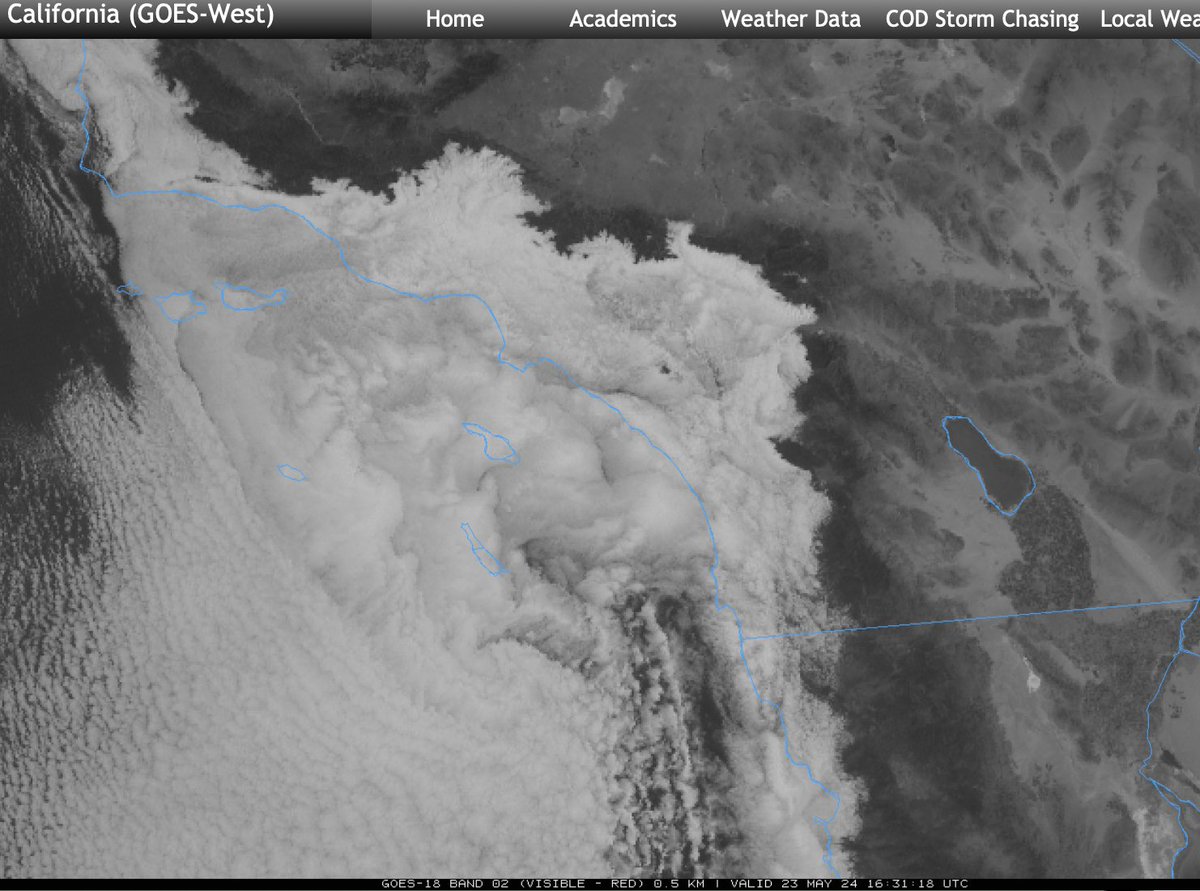 The marine layer is 4,000 feet deep this a.m., & low clouds extend from the coast to the slopes. Slow clearing expected inland, maybe no clearing at the coast. Friday & Saturday should be similar, but high pressure Sun. to Wed. should bring more blue skies. #sandiegoweather #CAwx