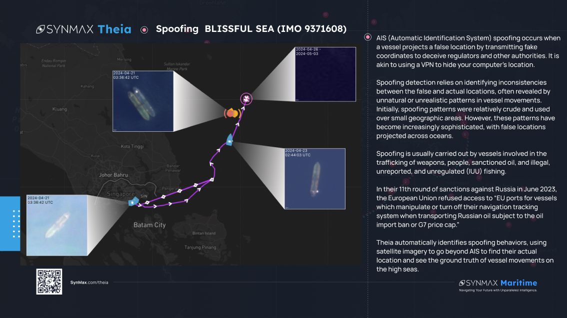 SynMaxInt's tweet photo. SynMax's #Theia detected the BLISSFUL SEA spoofing its location near #Singapore (April 26 - May 3) and doing a ship-to-ship transfer. It's not insured by the International Group of P&amp;I Clubs.

Theia combines #AIS with daily satellite imagery for top #actionableintelligence. https://t.co/fpyxwaTmtq