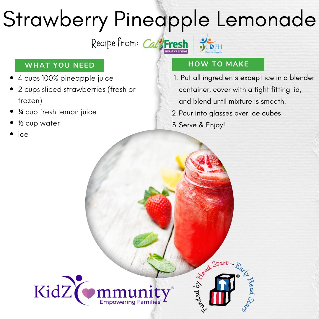 #KidZCommunity #MenuMonday - Try this frothy strawberry pineapple lemonade recipe from #CalFreshHealthyLiving 💜

#HeadStart #EarlyHeadStart #EarlyLearning #EmpoweringFamilies #GetAHeadStart #ComeEatWithUs #NowHiring #NowEnrolling #PlacerCounty #NevadaCounty