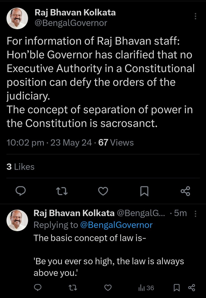 #BreakingNews 🚨 #WestBengal Governor of West Bengal CV Anand Bose tweets on CM #MamataBanerjee's statement that she will not obey the #CalcuttaHighCourt's order of squashing 5 lakhs OBC certificates issued by #TMC govt which went Muslim Community.