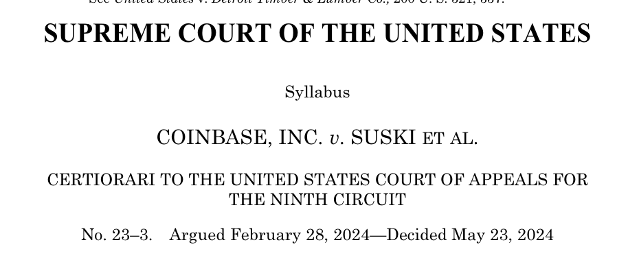 Coinbase loses 9-0 at SCOTUS. Fortunately for the crypto industry, case is not about crypto It's about that dumb Dogecoin sweepstakes contest. Coinbase can normally force people into arbitration but not this time supremecourt.gov/opinions/23pdf…