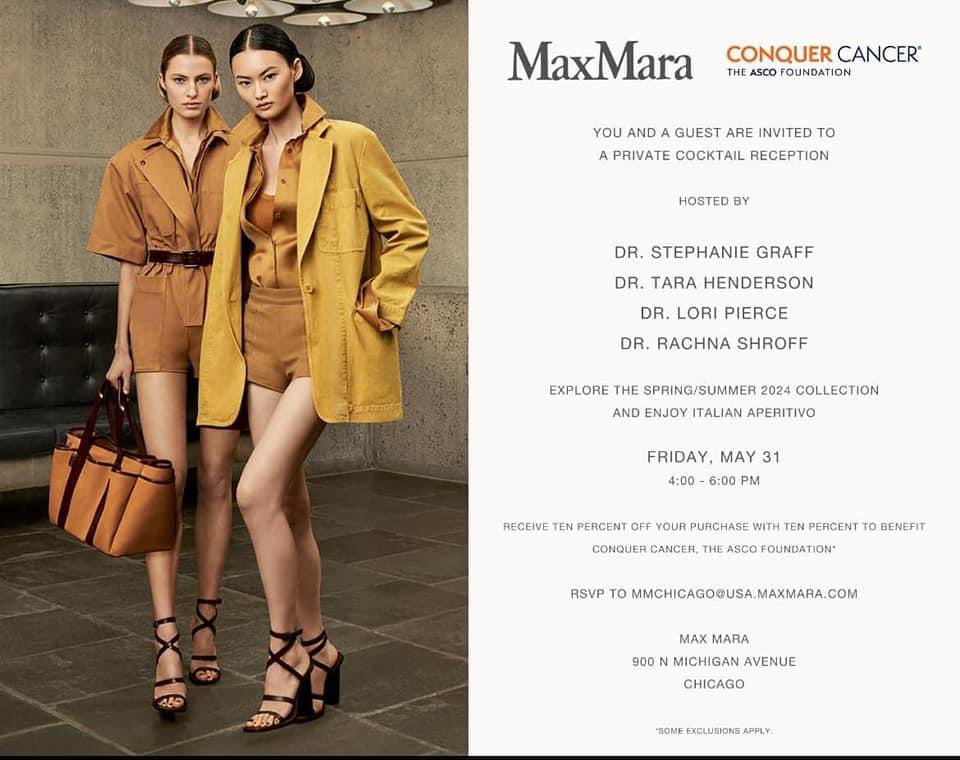 Who wants to shop w/ me and for a great cause?? #ASCO24 is almost here which means it’s time to support @ConquerCancerFd - see you Friday 5/31 from 4-6pm and have a glass of bubbly with us while you shop @maxmara! Or shop anytime during the weekend! @ASCO @PierceLoriJ @DrSGraff