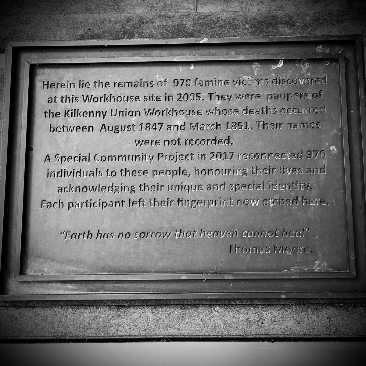 The memorial marking the final resting place of nearly 1000 victims of the Great Famine in Kilkenny. 

They were discovered in burial pits on the site of the former workhouse over two decades ago &amp; reinterred in a crypt.