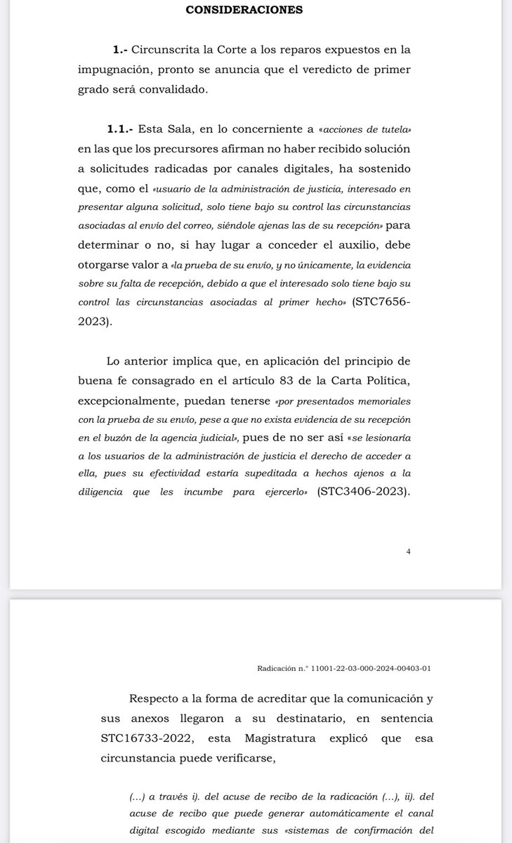jairoparrac's tweet photo. MEMORIALES PRESENTADOS CON LA PRUEBA DEL ENVÍO DEL CORREO ELECTRÓNICO A PESAR DE QUE NO EXISTA EVIDENCIA DE SU RECEPCIÓN. CSJ (STC4986-2024): Como el usuario de la administración de justicia, interesado en presentar alguna solicitud, solo tiene bajo su control las circunstancias asociadas al envío del correo, siéndole ajenas las de su recepción para determinar o no, si hay lugar a conceder el auxilio, debe otorgarse valor a la prueba de su envío, y no únicamente, la evidencia sobre su falta de recepción, debido a que el interesado solo tiene bajo su control las circunstancias asociadas al primer hecho.

Lo anterior implica que, en aplicación del principio de buena fe consagrado en el artículo 83 de la Carta Política, excepcionalmente, puedan tenerse «por presentados memoriales con la prueba de su envío, pese a que no exista evidencia de su recepción en el buzón de la agencia judicial», pues de no ser así «se lesionaría a los usuarios de la administración de justicia el derecho de acceder a ella, pues su efectividad estaría supeditada a hechos ajenos a la diligencia que les incumbe para ejercerlo» —⬇️⬇️—