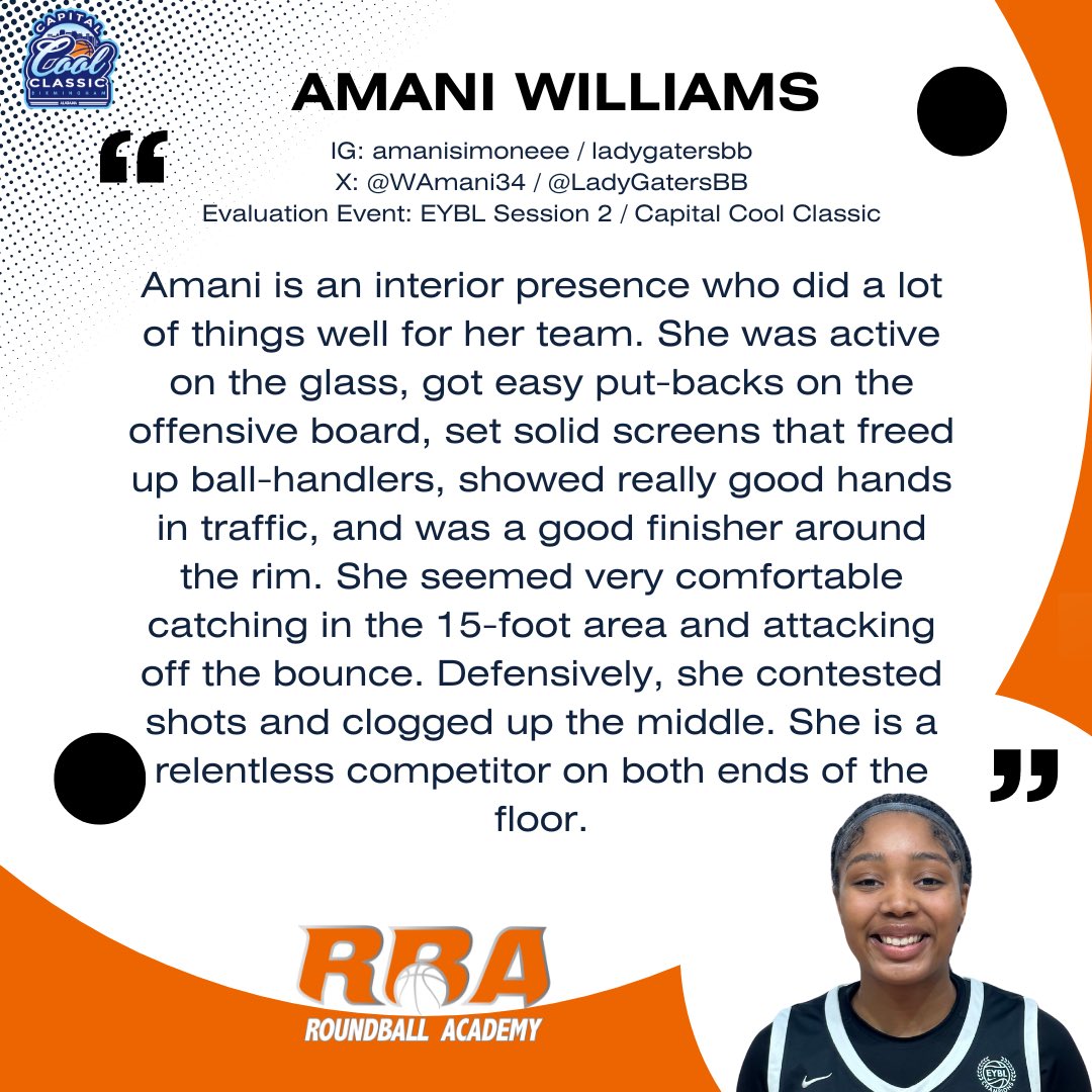 Amani Simone Williams (6'0/PF/'25/Lady Gaters) is a force to be reckoned with. She had a good showing at #CapitalCoolClassic     
   
#RBANoticeables #RoundballAcademy #RBA #TerryTalks #RBAEvents #NikeGirlsEYBL #2024EYBL #Road2CHI @essencegirlsbb <a href="/CGBR27/">Dan Olson</a> <a href="/NikeGirlsEYBL/">Nike Girls EYBL</a>