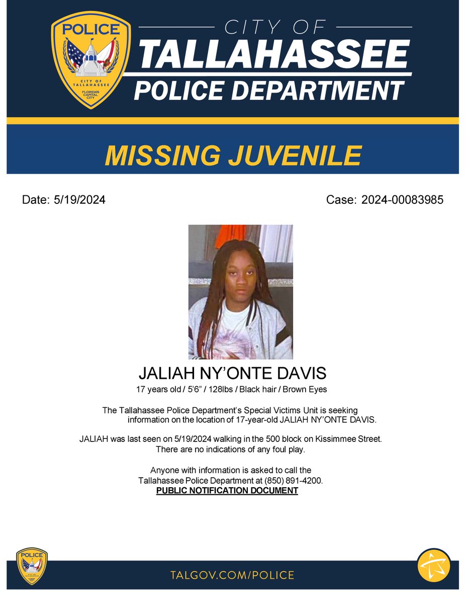 Please share to help locate these missing juveniles. If you have information regarding their whereabouts, please call TPD at 850-891-4200.