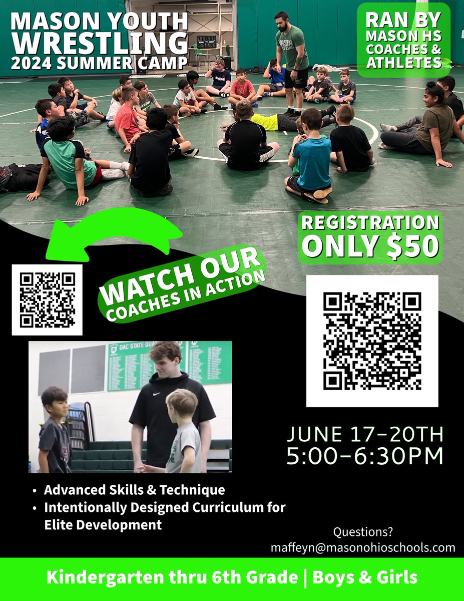 Below is the information for our K-6th grade Youth Wrestling Camp

We will host a 4 Day clinic from June 17-20th w/ coaches and wrestlers from the MHS Wrestling Program