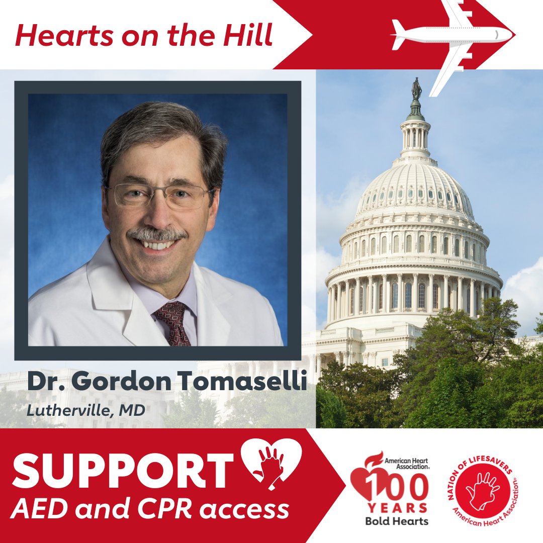 Dr. Gordon Tomaselli of Maryland is headed to DC for #HeartsontheHill. He is one of several #YouretheCure advocates pushing for legislation to help save children’s lives.

Your U.S. Representatives and Senators need to hear from you! Text ‘AED’ to 46839 to take action!