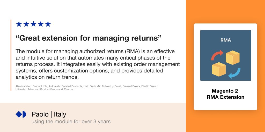 mirasvit's tweet image. Are you struggling with your store's returns?
Check out our RMA Extension: bit.ly/3UPZeqV
It automates the entire return and exchange process, minimizing errors and freeing up time.
#Magento #Ecommerce #Magentoexperts