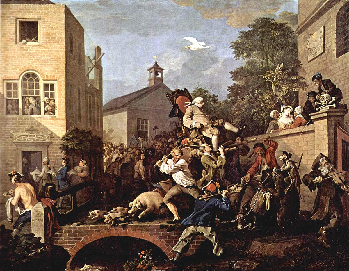 'The Humours of an Election' by Hogarth. New Tory MP being chaired through the streets. I love the pigs chasing over the bridge. The original is in the Sir John Soane Museum in Lincoln's Inn Fields.