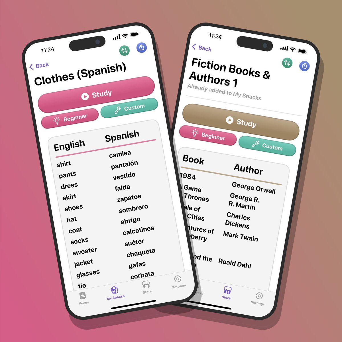 StudySnacksApp's tweet image. Another Thursday - another round of new lists! Additions this week:

- Clothes as a vocabulary list in multiple languages 🇪🇸🇨🇳🇫🇷🇩🇪🇬🇧🇯🇵
- Fiction Books &amp;amp; Authors as a general knowledge list!

Download #StudySnacks for free from the App Store:
apps.apple.com/at/app/study-s…
#learning