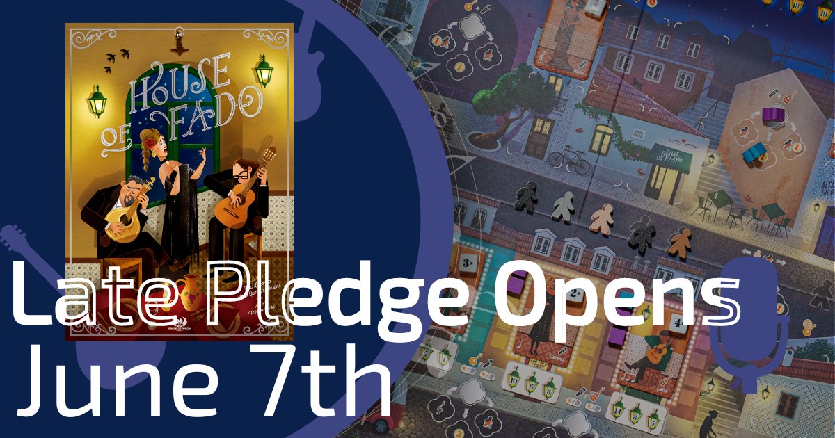 The House of Fado pledge manager opens June 7th! This is where you’ll provide shipping info, pay shipping charges, taxes, and purchase add-ons. We’ll post an update with instructions and more timeline details soon. #boardgamegeek #vitallacerda #joaoquintelamartins #tabletopgames