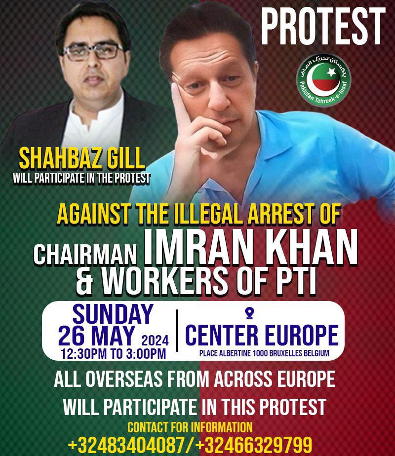 PTI Overseas chapters in Denmark & Belgium have called for protests against the illegal incarcerations of Imran Khan & all political/military prisoners, on May 25th & 26th. Dr. Shahbaz Gill @SHABAZGIL will participate. Overseas Pakistanis overwhelmingly support Imran Khan & his