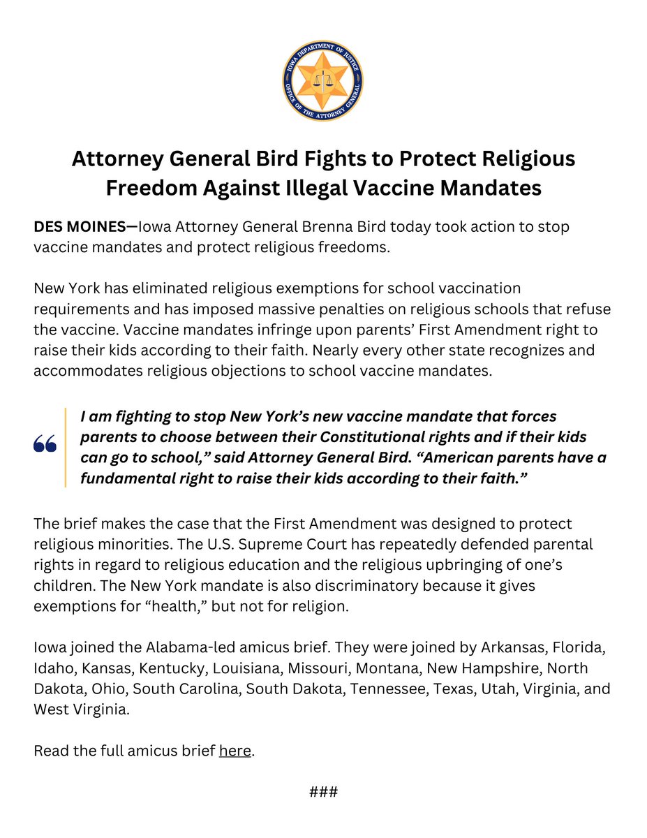 No parent should have to choose between their constitutional rights & if their kid can go to school. I’m taking action to stop New York’s illegal vaccine mandate and protect religious freedoms. Thanks @AGSteveMarshall for leading!