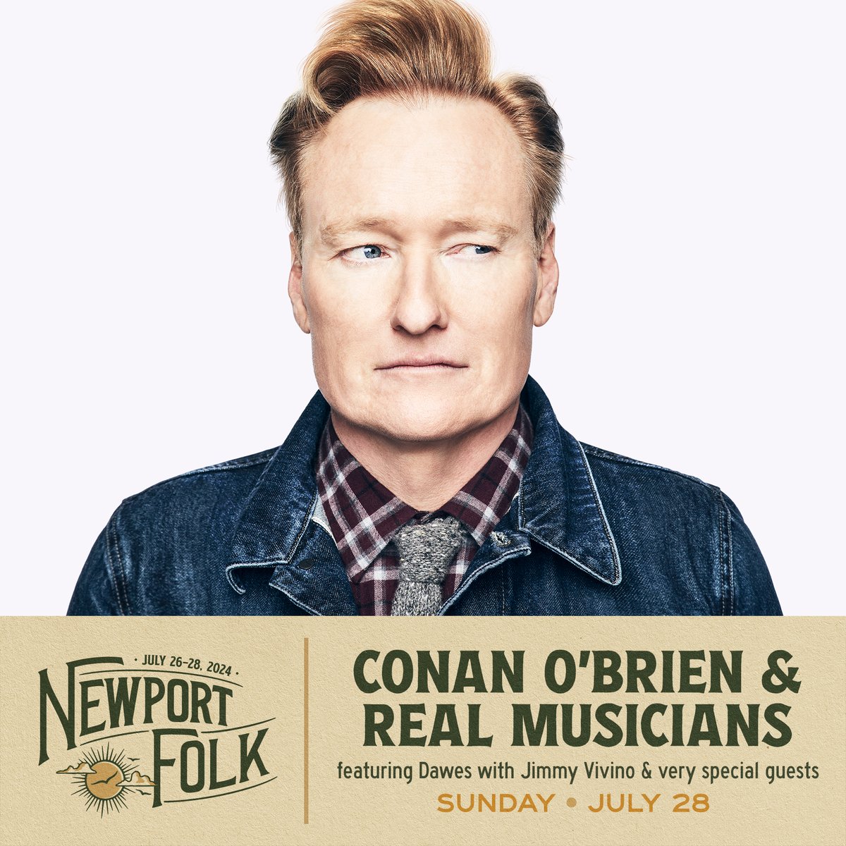 Please welcome 'Conan O'Brien & Real Musicians featuring Dawes w/ Jimmy Vivino & very special guests' to this summer's Newport Folk lineup. On Conan's behalf, @newportfestsorg has provided a grant to Brookline Teen Center in his hometown of Brookline, MA. @TeamCoco